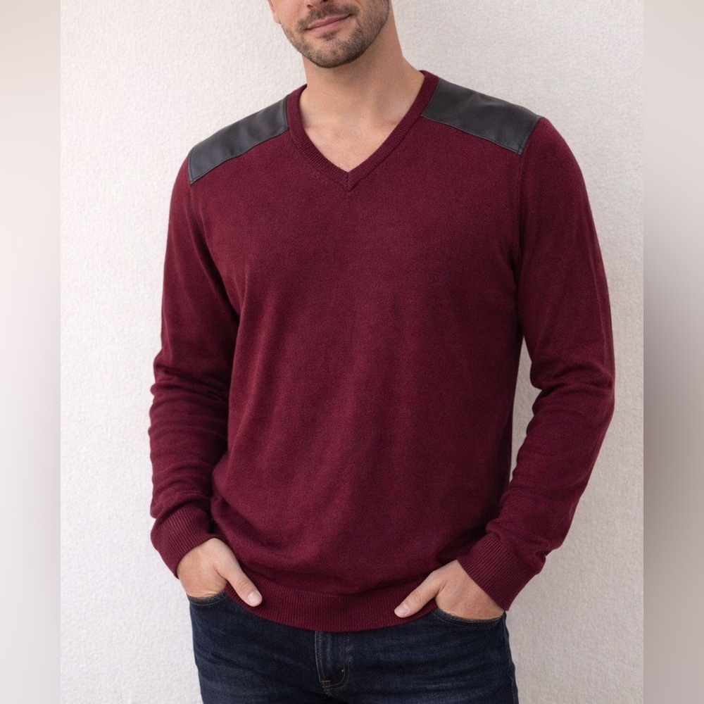 GUESS Men’s Burgundy V-Neck Sweater Faux Leather Shoulder Size L